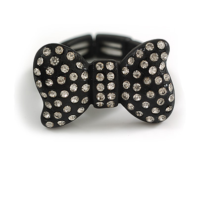 Matte Black 'Bow' Ring with Clear Crystals - 25mm Wide - Size 7/8 Expandable