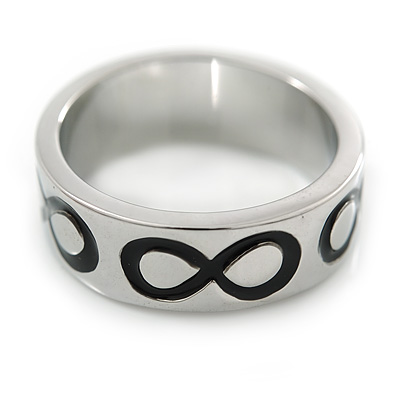 Rhodium Plated Black Enamel 'Infinity' Band Ring - Size 7