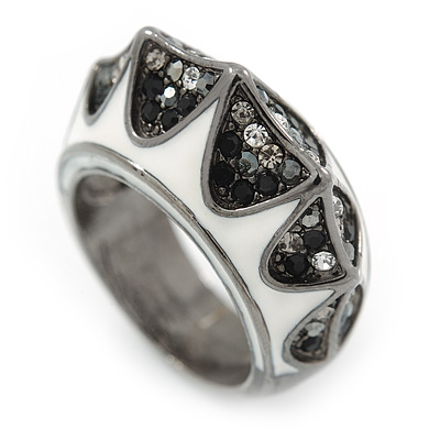 Statement Dome Black/ Grey/ Clear White Enamel Band Ring In Gun Metal