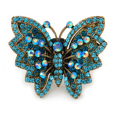 Large Teal/ Light Blue Crystal Butterfly Ring In Gold Tone - Size 7/8 Adjustable