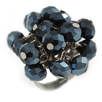 Dark Mirrored Black Glass Bead Cluster Ring in Silver Tone Metal - Adjustable 7/8