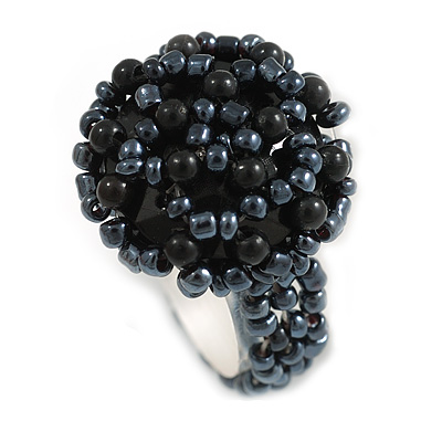 20mm D/Hematite Grey Glass and Acrylic Bead Button-shaped Flex Ring - Size M