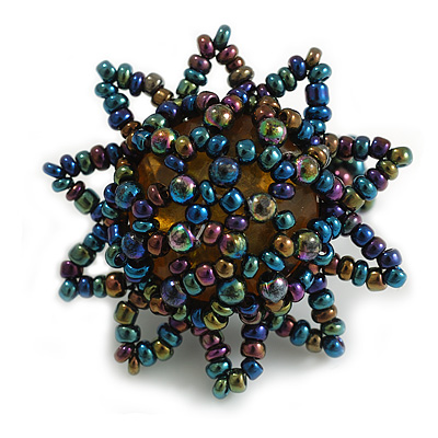 35mm D/Glass and Acrylic Bead Sunflower Stretch Ring (Peacock Colours) - Size M