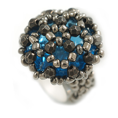 20mm D/Glass and Acrylic Bead Button-shaped Flex Ring (Hematite Grey) - Size M