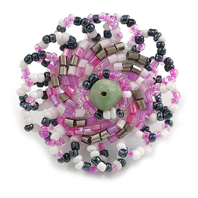 40mm Diameter/Pink/White/Hematite Glass Bead Daisy Flower Flex Ring/ Size M