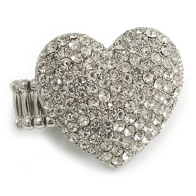 Silver Tone Clear Crystal Paved 'Be Mine' Heart Shaped Cocktail Stretch Ring - 3cm Length - Adjustable Size 7/8