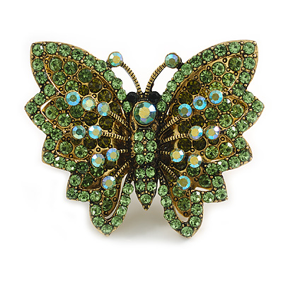 Madame Butterfly Statement Aged Gold Tone Ring (Green Crystal Shades) - Adjustable size 7/8