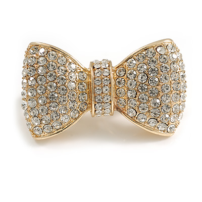 Large Clear Austrian Crystal Pave Set Bow Two Finger Ring In Gold Plating - 50mm Across - Adjustable