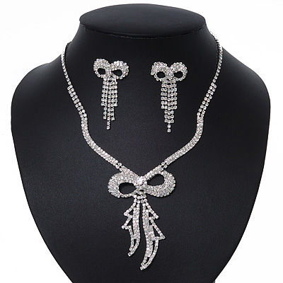 Clear Swarovski Crystal 'Bow' Necklace & Drop Earrings Set In Rhodium Plating - 36cm Length/ 7cm Extension