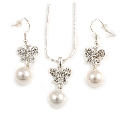 Clear Austrian Crystal Glass Pearl Bow Pendant with Silver Tone Chain and Drop Earrings Set - 40cm L/ 5cm Ext - Gift Boxed