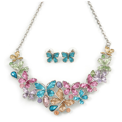 Glittering Multicoloured Enamel, Clear Crystal Multi Butterfly Necklace and Stud Earrings Set In Rhodium Plating - 42cm L/ 7cm Ext