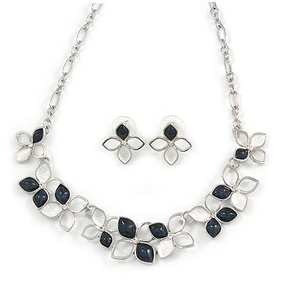 Romantic White/ Dark Grey Floral Necklace & Stud Earrings In Rose Gold Metal - 39cm L/ 8cm Ext - Gift Boxed