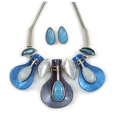 Contemporary Acrylic and Metal Leaf Necklace and Stud Earrings Set In Silver Tone - 37cm L/ 9cm Ext - Gift Boxed
