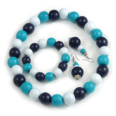 Dark Blue/ Turquoise/ White Wood Flex Necklace, Bracelet and Drop Earrings Set - 46cm L