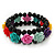 Romantic Multicoloured Resin Rose, Black Glass Bead Flex Bracelet - 19cm Length