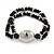 Fancy 2 Strand Black Glass and Silver Metal Beads Flex Bracelet - 17cm L