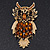 Oversized Rhodium Plated Filigree Amber Coloured Crystal 'Owl' Brooch - 7.5cm Length