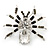 Clear/ Grey Crystal, Black Enamel 'Spider' Brooch In Rhodium Plating - 40mm Width