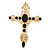 Large Black Glass, Clear Crystal 'Cross' Brooch In Gold Plating - 95mm Length
