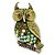 Olive Green, AB Swarovski Crystal Owl Brooch/ Pendant In Gold Plating - 40mm Length
