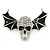 Black Enamel, Clear Crystal Skull with Bat Wings Brooch In Silver Tone - 65mm Across