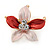 Small Pink/ Coral Enamel, Clear Crystal Flower Brooch In Gold Tone - 27mm