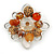 Orange, Brown Glass, Resin Bead Floral Handmade Brooch In Silver Tone - 40mm L