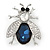 Clear/ Blue Crystal Fly Brooch In Rhodium Plated Metal - 35mm L