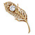 Large Austrian Crystal Peacock Feather Brooch In Gold Plating (Clear/ Amber/ Citrine) - 11cm Length