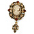 Vintage Inspired Amber/ Champagne Crystal Cameo with Charm Brooch In Bronze Tone - 65mm L