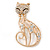 Crystal, Cat Eye Stone Kitty Brooch In Gold Tone Metal - 60mm L