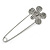 Silver Plated Clear Crystal Safety Pin Brooch With Flower Motif - 80mm L