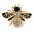 Small Black Enamel, Clear Crystal Bee Brooch In Gold Tone Metal - 28mm Across