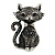 Black/ Hematite Grey Crystal Kitty/ Cat Brooch/ Pendant in Silver Tone - 50mm Tall