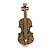 Vintage Inspired Aged Gold Tone Light Topaz Crystal Violin Musical Instrument Brooch - 45mm Tall