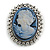 Vintage Inspired Clear Crystal Blue Cameo Brooch In Antique Silver Tone - 50mm L