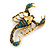 Statement Teal/ Grey Crystal Scorpion Brooch/ Pendant in Aged Gold Tone Metal - 50mm Long