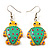 Funky Wooden Turtle Drop Earrings (Yellow & Light Green) - 4.5cm Length