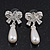 Classic Diamante Imitation Pearl 'Bow' Drop Earrings In Silver Plating - 4cm Length