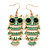 Light Green Enamel 'Owl' Drop Earrings In Gold Plating - 7cm Length