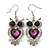 Black/ Purple Crystal Owl Drop Earrings In Silver Tone - 50mm L