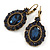 Vintage Inspired Oval Midnight Blue Crystal Drop Earrings with Leverback Closure In Antique Gold Tone - 42mm L
