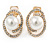 Oval Clear Crystal, White Faux Pearl Clip On Earrings In Gold Tone - 18mm