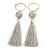 Long Light Grey Cotton Ball and Tassel Hoop Earrings In Gold Tone Metal - 12.5cm L