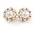 Gold Tone White Faux Pearl Crystal Floral Clip On Earrings - 18mm