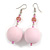 Large Pastel Pink Resin/ Milky Pink Glass Bead Ball Drop Earrings In Silver Tone - 70mm Long