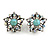 Vintage Inspired AB Crystal Turquoise Stone Floral Clip On Earring in Aged Silver Tone - 23mm D