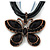 Black/Dark Grey Diamante 'Butterfly' Cotton Cord Pendant Necklace In Bronze Metal - 38cm Length/ 8cm Extension