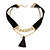 Black Velour Cord Gold Tone Chain with Tassel Choker Necklace - 33cm L/ 4cm Ext