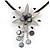 Romantic Beaded Flower Pendant with Black Faux Leather Cord In Silver Tone (Black, Grey) - 44cm L